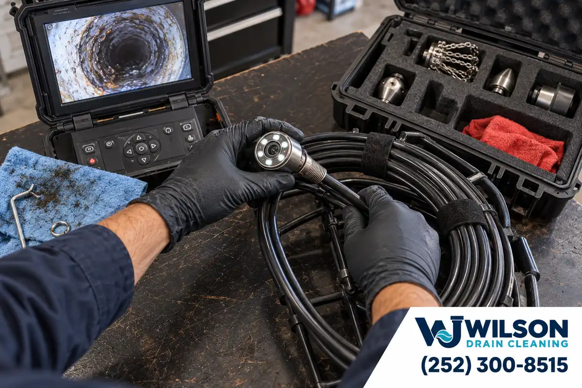 Gloved hands inspecting a drain camera head and arranging service tools.