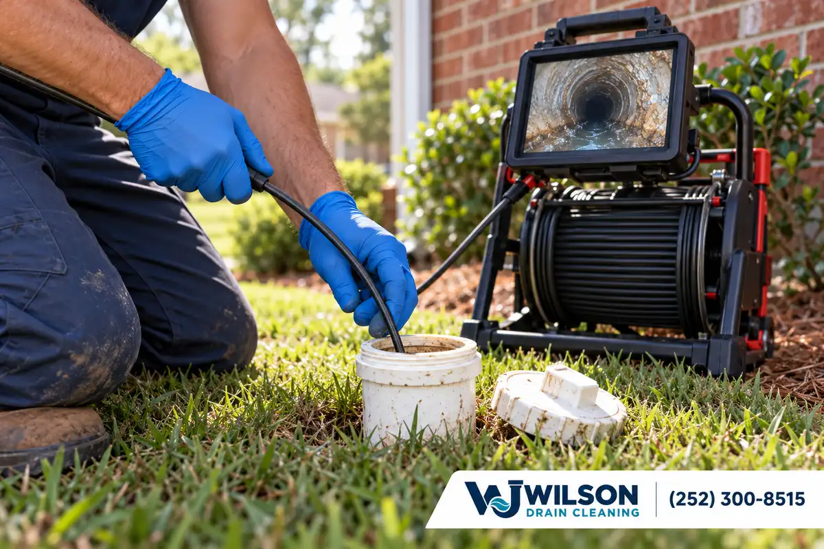 Gloved technician guiding a sewer inspection camera through an outdoor cleanout.