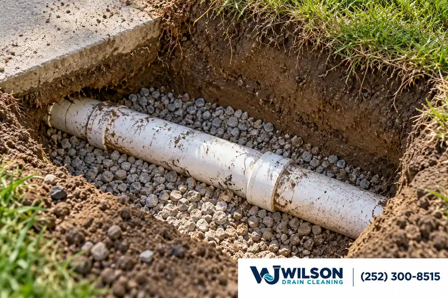 Before view: Small shallow excavation exposing intact horizontal PVC sewer line on gravel bedding near lawn edge.