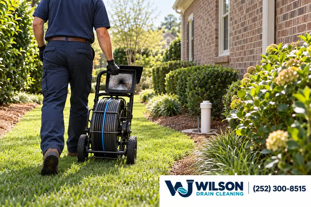 Technician moving inspection equipment along a landscaped side yard.