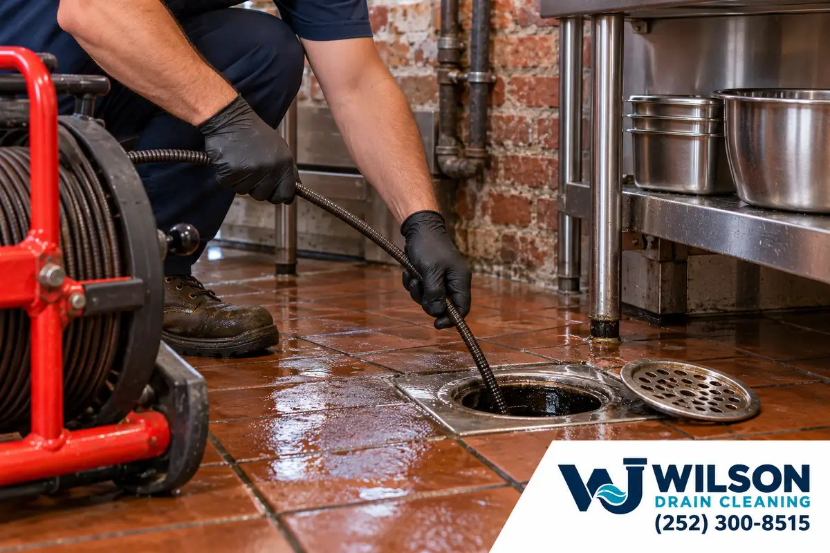 Technician feeding a drain cable beside restaurant equipment and a brick wall.