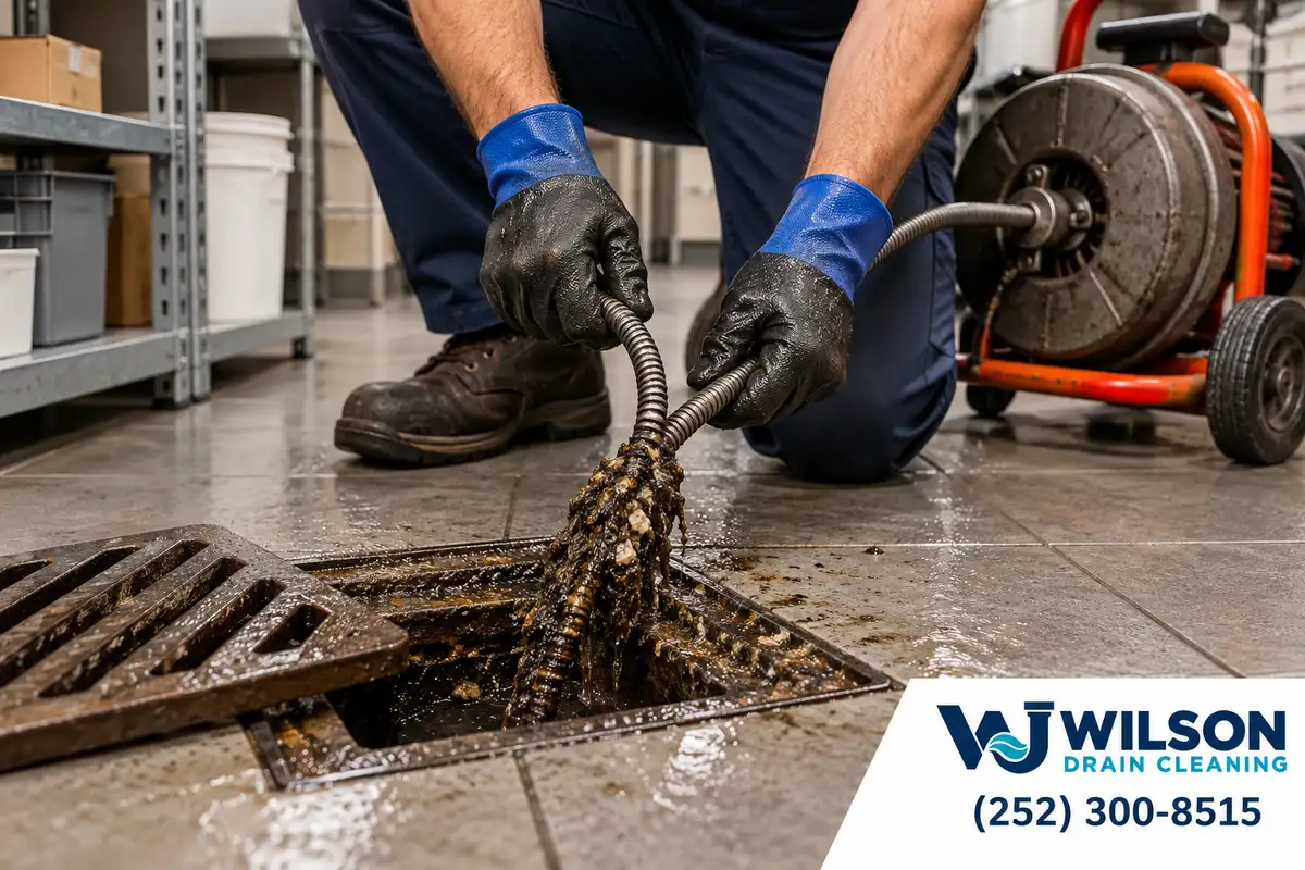 Gloved hands clearing a neighborhood shop utility drain.