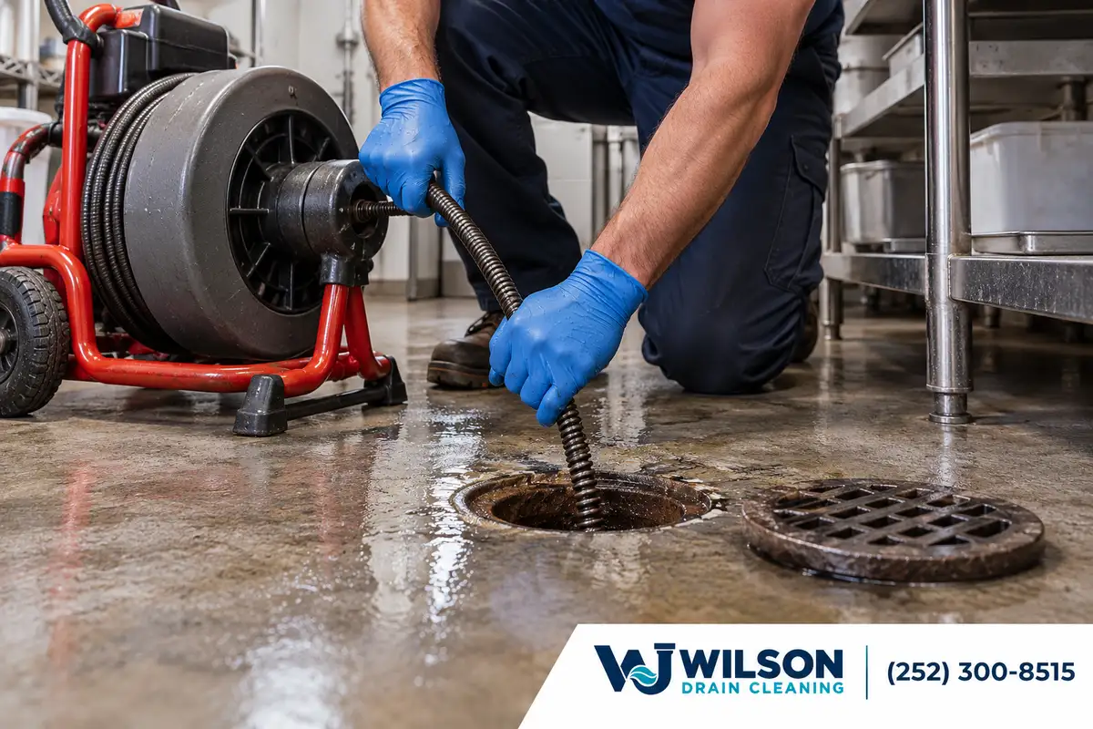 Technician clearing a utility shop floor drain.
