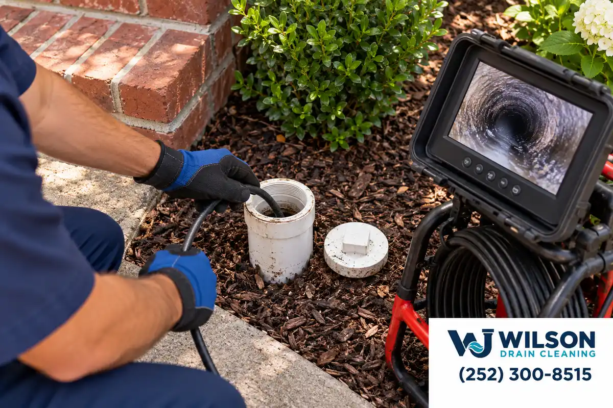 Gloved hands inserting a camera cable beside brick entrance steps.