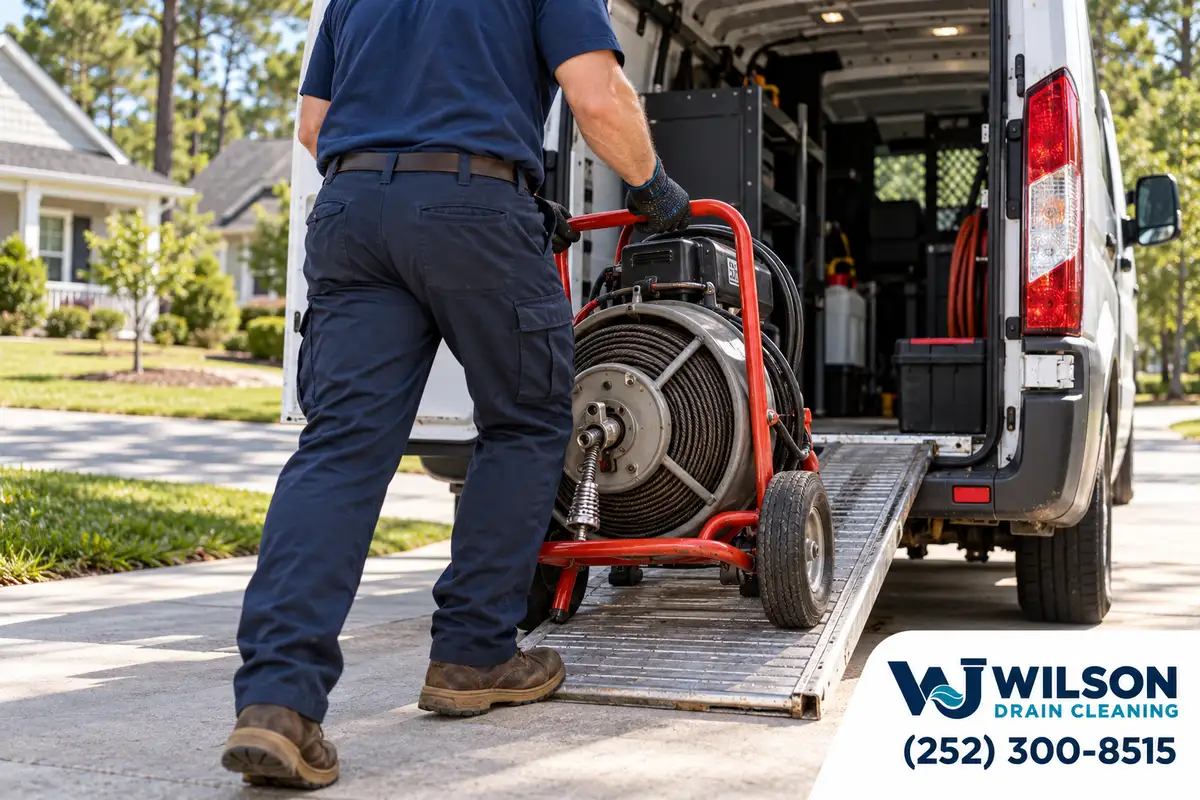 Technician loading drain equipment into a service van.