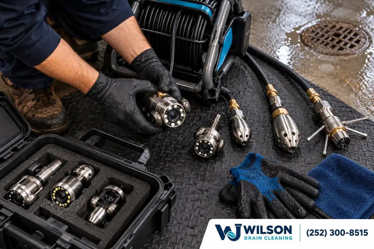 Gloved hands selecting drain inspection and cleaning tools.