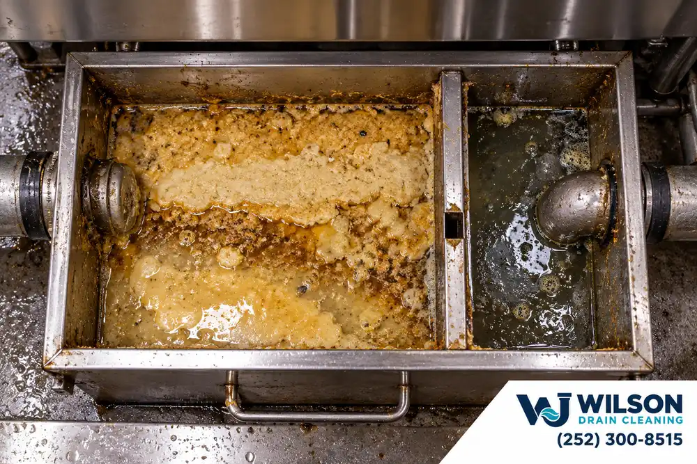 Before view: Open rectangular under-sink stainless grease interceptor.
