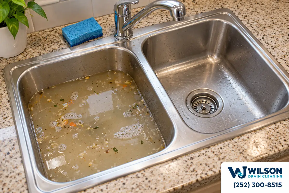 Before view: Double-bowl stainless kitchen sink in speckled beige countertop.