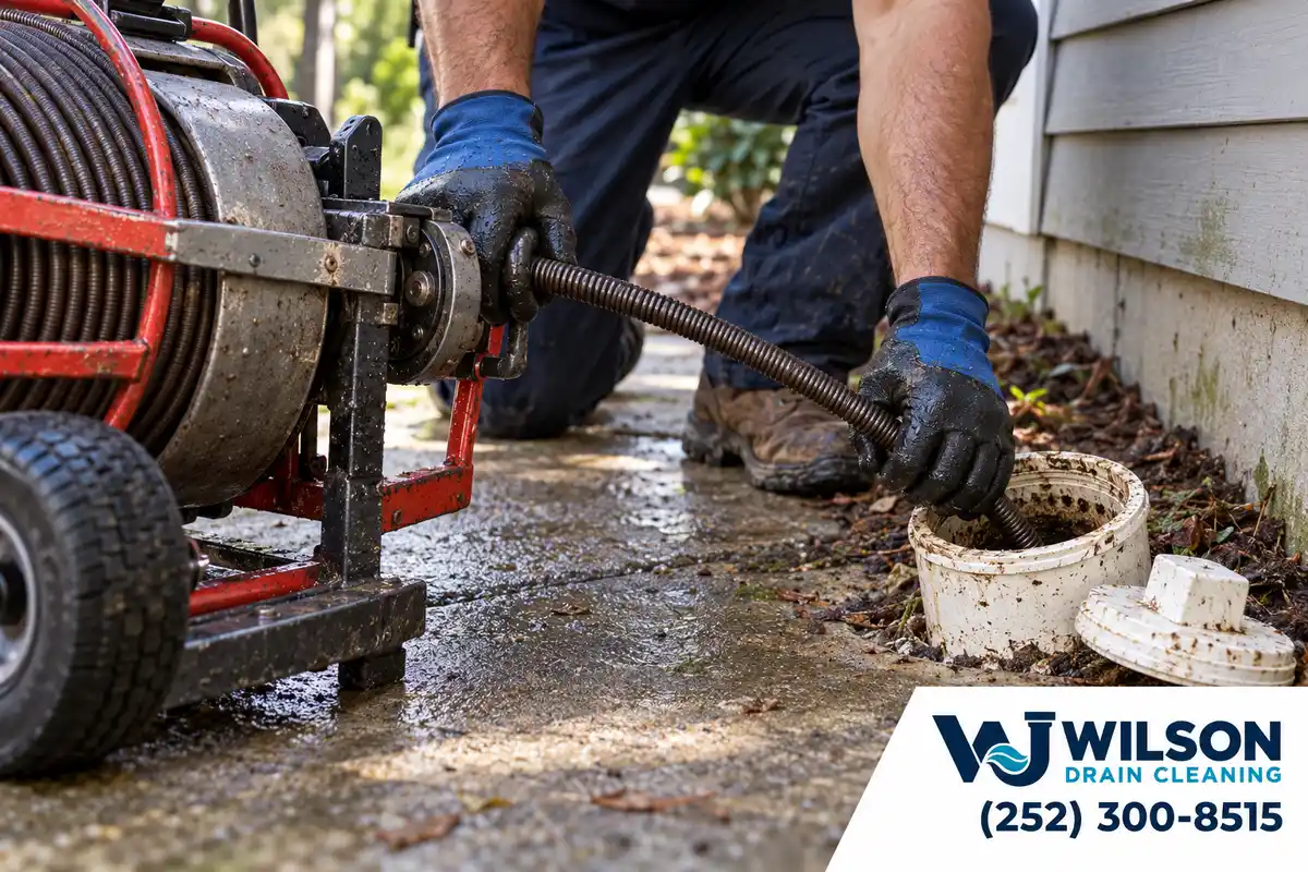 Heavy-duty cable machine clearing a main sewer line through a cleanout.