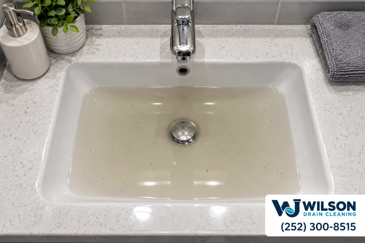 Before view: Compact white rental apartment bathroom sink with chrome pop-up stopper and gray backsplash.