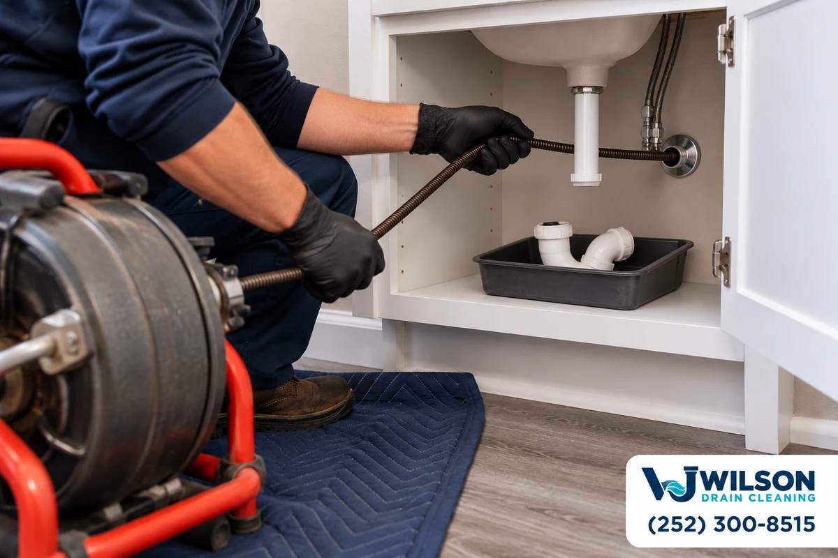 Technician working on a rental apartment vanity drain.