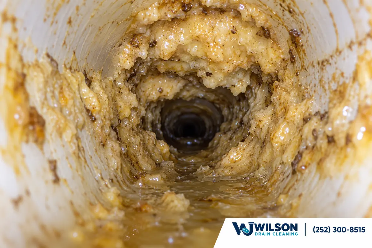 Before view: Internal restaurant grease-line camera view with thick yellowish grease deposits narrowing old PVC pipe.