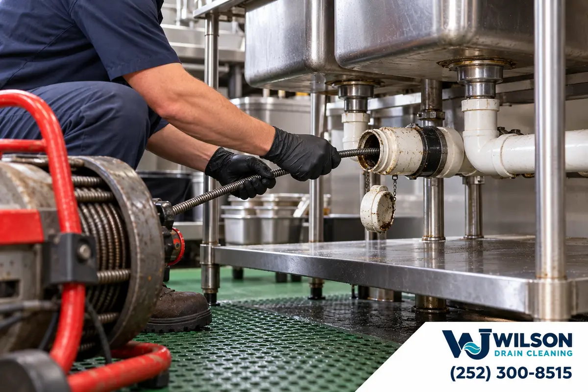 Technician cabling a restaurant grease line below a stainless sink.