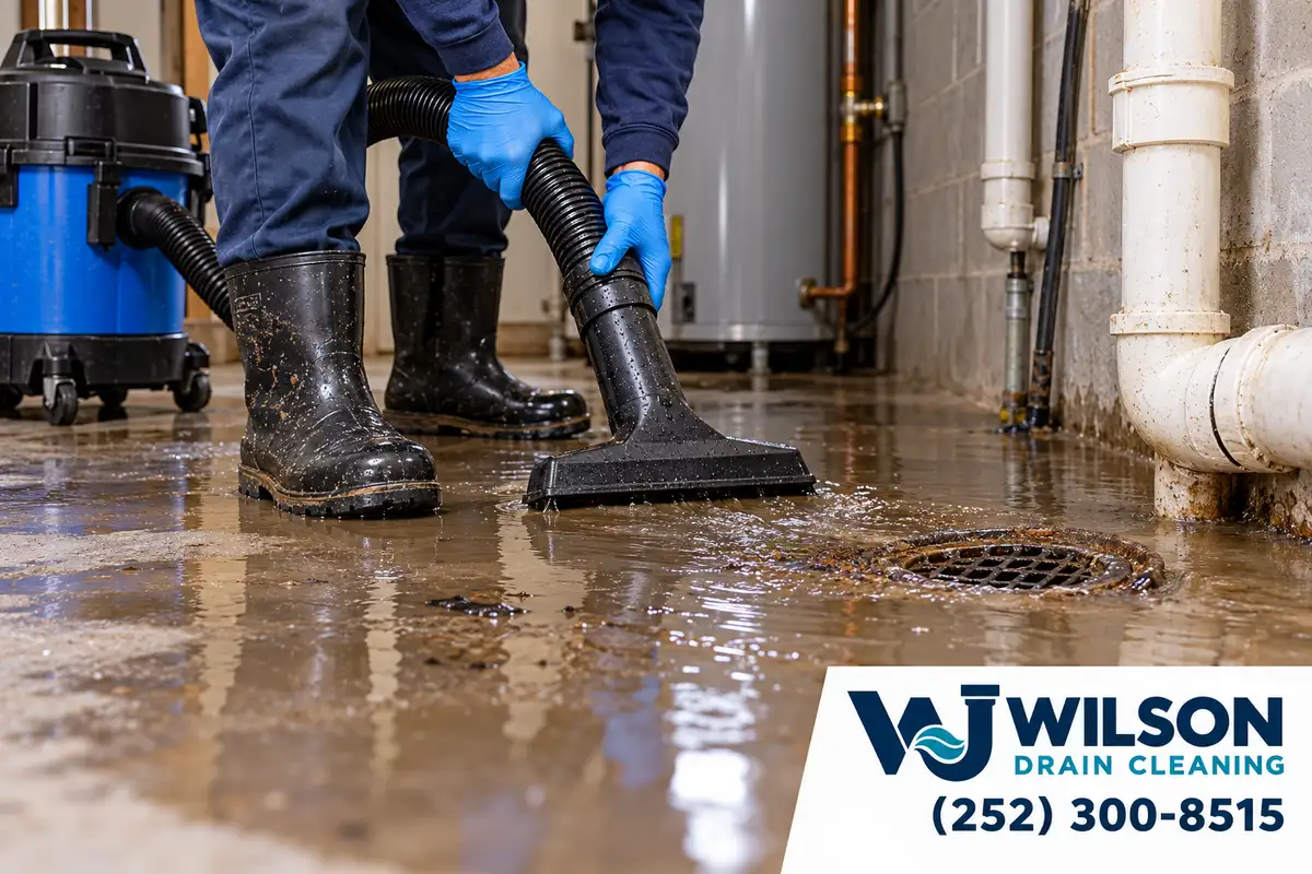 Technician removing backed-up water near a utility room floor drain.