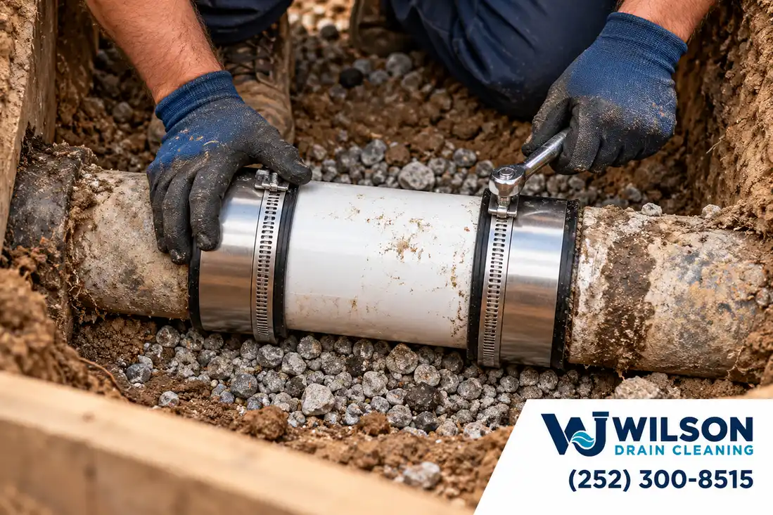 Technician securing a replacement sewer pipe with a shielded coupling.