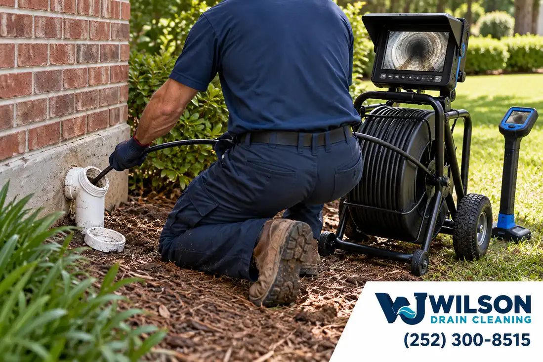 Technician guiding an inspection camera into a residential sewer cleanout.